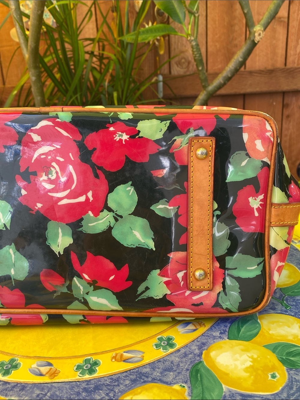 Dooney & Bourke Black Floral Coated Tote with Tan Leather Handles - Picture 11 of 16